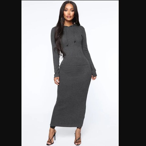 Fashion Nova Taking A Break Hooded‎ Ribbed Maxi Dress - Charcoal - size small - Picture 1 of 7